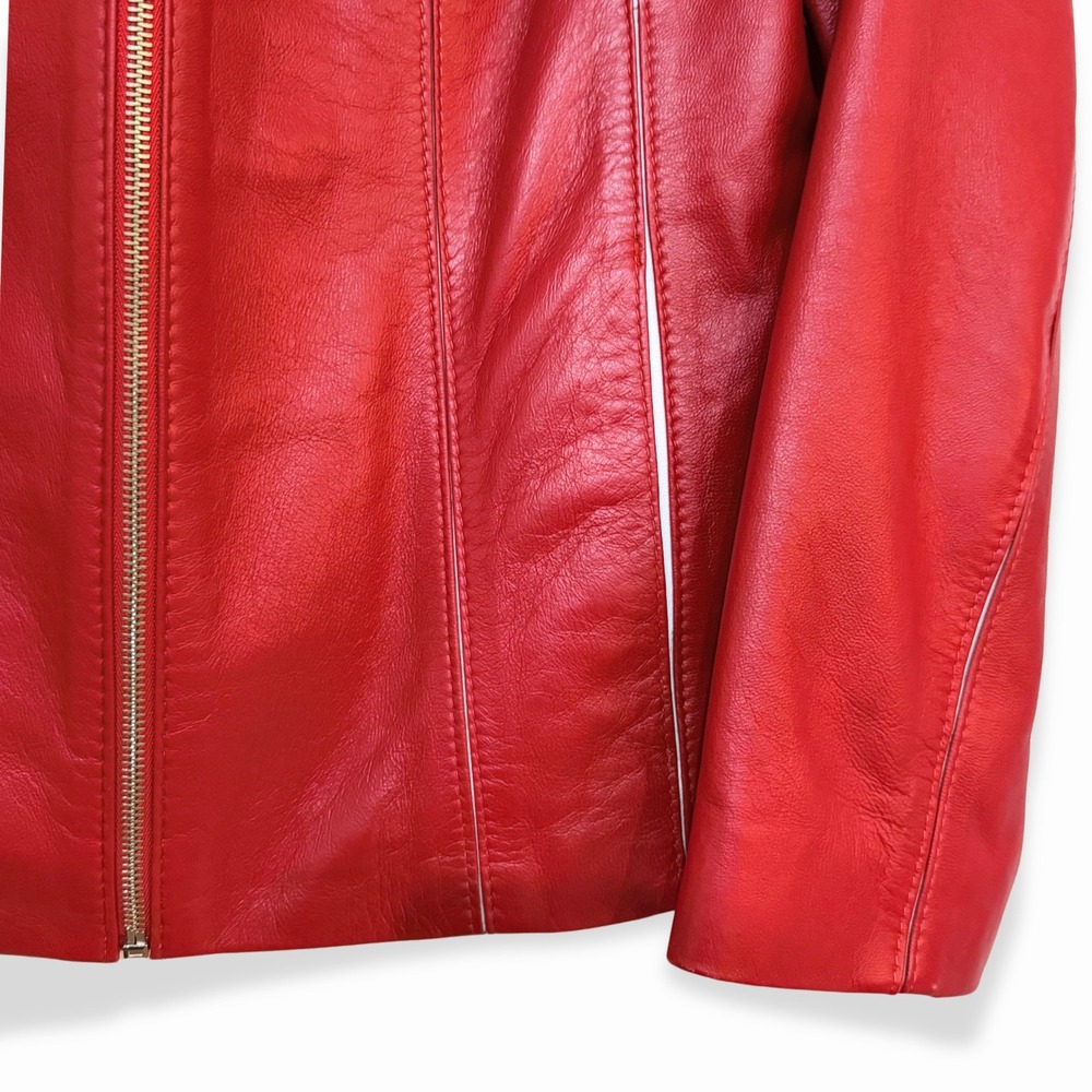 Savvidis Red Genuine Leather Jacket Womens L Handmade Greece Thriller Moto 1980s - Picture 5 of 9
